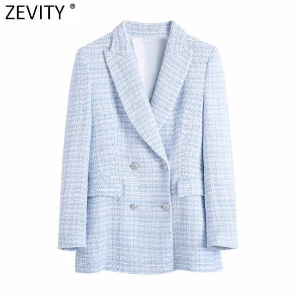 Zevity Women Elegant Plaid Pattern Tweed Woolen Blazer Coat Office Lady Double Breasted Suits Female Chic Buttons Tops CT711