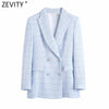 Zevity Women Elegant Plaid Pattern Tweed Woolen Blazer Coat Office Lady Double Breasted Suits Female Chic Buttons Tops CT711