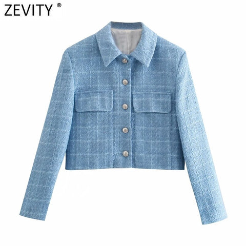 Zevity Women England Style Pockets Patch Short Tweed Woolen Blazer Coat Vintage Female Long Sleeve Outerwear Chic Tops CT664