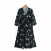 Zevity Women V Neck Animal Print Pleat Ruffles Casual Midi Dress Female Three Quarter Sleeve Chic Vestido DS4623