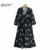 Zevity Women V Neck Animal Print Pleat Ruffles Casual Midi Dress Female Three Quarter Sleeve Chic Vestido DS4623