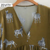 Zevity Women V Neck Animal Print Pleat Ruffles Casual Midi Dress Female Three Quarter Sleeve Chic Vestido DS4623