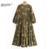 Zevity Women V Neck Animal Print Pleat Ruffles Casual Midi Dress Female Three Quarter Sleeve Chic Vestido DS4623