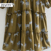 Zevity Women V Neck Animal Print Pleat Ruffles Casual Midi Dress Female Three Quarter Sleeve Chic Vestido DS4623