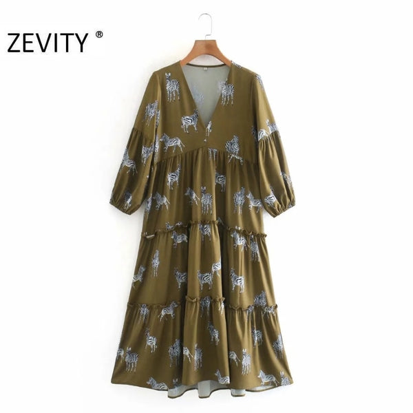 Zevity Women V Neck Animal Print Pleat Ruffles Casual Midi Dress Female Three Quarter Sleeve Chic Vestido DS4623
