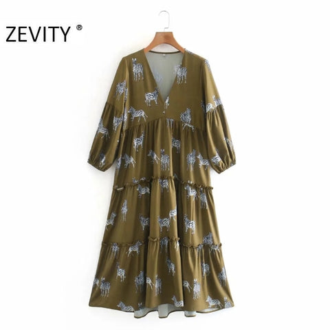 Zevity Women V Neck Animal Print Pleat Ruffles Casual Midi Dress Female Three Quarter Sleeve Chic Vestido DS4623