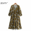 Zevity Women V Neck Animal Print Pleat Ruffles Casual Midi Dress Female Three Quarter Sleeve Chic Vestido DS4623
