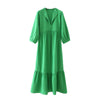 Zevity Women V Neck Hem Pleat Ruffles Green Midi Dress Chic Office Ladies Three Quarter Sleeve Casual Vestido DS8664