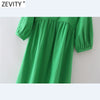Zevity Women V Neck Hem Pleat Ruffles Green Midi Dress Chic Office Ladies Three Quarter Sleeve Casual Vestido DS8664