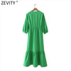 Zevity Women V Neck Hem Pleat Ruffles Green Midi Dress Chic Office Ladies Three Quarter Sleeve Casual Vestido DS8664