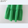 Zevity Women V Neck Hem Pleat Ruffles Green Midi Dress Chic Office Ladies Three Quarter Sleeve Casual Vestido DS8664