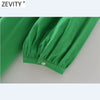 Zevity Women V Neck Hem Pleat Ruffles Green Midi Dress Chic Office Ladies Three Quarter Sleeve Casual Vestido DS8664