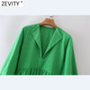 Zevity Women V Neck Hem Pleat Ruffles Green Midi Dress Chic Office Ladies Three Quarter Sleeve Casual Vestido DS8664