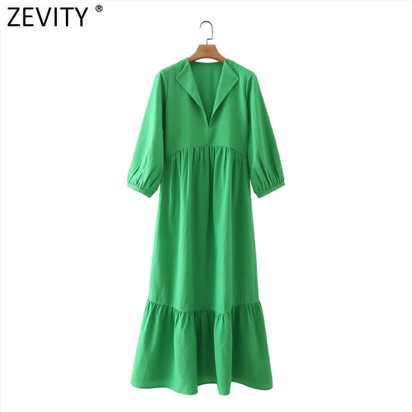 Zevity Women V Neck Hem Pleat Ruffles Green Midi Dress Chic Office Ladies Three Quarter Sleeve Casual Vestido DS8664