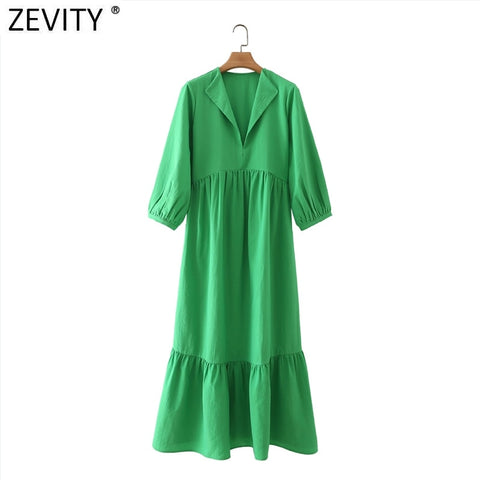Zevity Women V Neck Hem Pleat Ruffles Green Midi Dress Chic Office Ladies Three Quarter Sleeve Casual Vestido DS8664