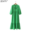 Zevity Women V Neck Hem Pleat Ruffles Green Midi Dress Chic Office Ladies Three Quarter Sleeve Casual Vestido DS8664