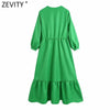 Zevity Women V Neck Pleat Ruffles Green Midi Dress Femme Three Quarter Sleeve Chic Casual Slim Kimono Vestido DS8677