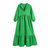 Zevity Women V Neck Pleat Ruffles Green Midi Dress Femme Three Quarter Sleeve Chic Casual Slim Kimono Vestido DS8677