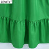 Zevity Women V Neck Pleat Ruffles Green Midi Dress Femme Three Quarter Sleeve Chic Casual Slim Kimono Vestido DS8677