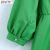 Zevity Women V Neck Pleat Ruffles Green Midi Dress Femme Three Quarter Sleeve Chic Casual Slim Kimono Vestido DS8677