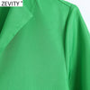 Zevity Women V Neck Pleat Ruffles Green Midi Dress Femme Three Quarter Sleeve Chic Casual Slim Kimono Vestido DS8677