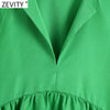 Zevity Women V Neck Pleat Ruffles Green Midi Dress Femme Three Quarter Sleeve Chic Casual Slim Kimono Vestido DS8677