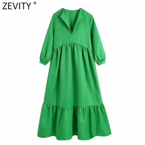 Zevity Women V Neck Pleat Ruffles Green Midi Dress Femme Three Quarter Sleeve Chic Casual Slim Kimono Vestido DS8677