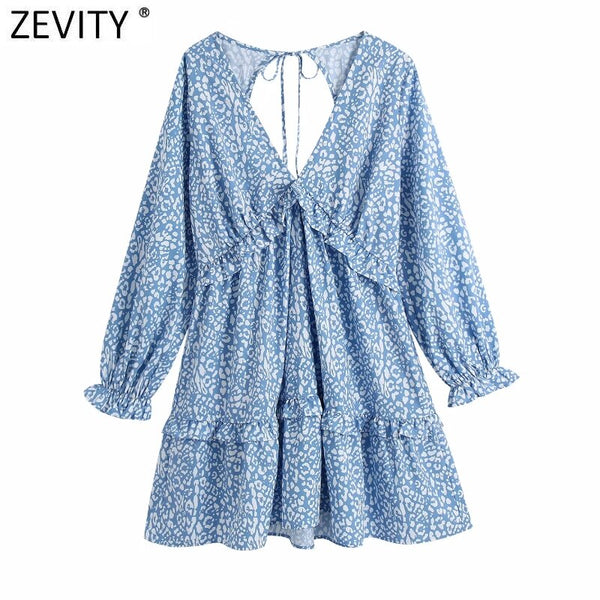 Zevity Women Sexy Deep V Neck Leopard Print Agaric Lace Mini Dress Female Chic Back Hole Casual Slim Ruffles Vestidos DS8199