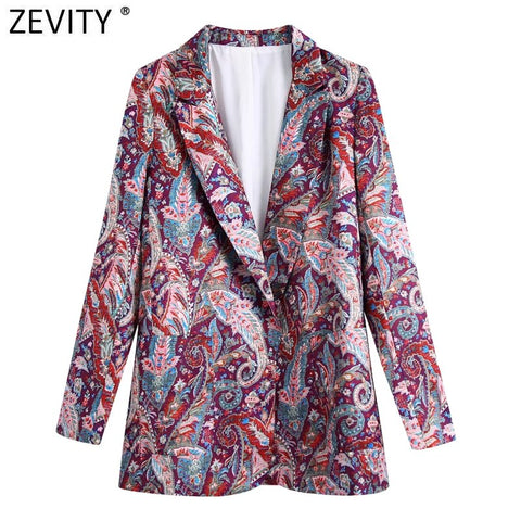 Zevity Women Vintage Paisley Floral Print Leisure Blazer Coat Female Pockets Patch Outerwear Chic Business Suits Tops CT814