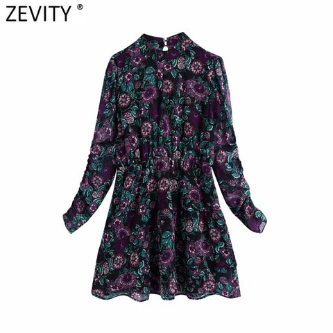 Zevity Women Vintage Stand Collar Flower Print Chiffon Mini Dress Lady Chic Pleats Puff Sleeve Casual Ruffles Vestido DS4745