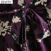 Zevity Women Vintage Stand Collar Flower Printing Sashes Midi Dress Femme Sexy Back V Hole Casual Slim A Line Vestido DS4845