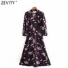 Zevity Women Vintage Stand Collar Flower Printing Sashes Midi Dress Femme Sexy Back V Hole Casual Slim A Line Vestido DS4845