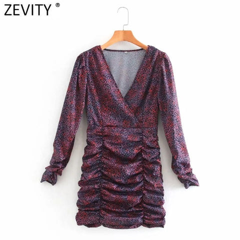 Zevity Women Vintage V Neck Digital Print Pleated Slim Mini Dress Femme Three Quarter Sleeve Side Zipper Chic Vestido DS4846