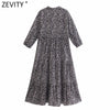 Zevity Women Vintage V Neck Lace Up Printing Casual Kimono Midi Dress Female Chic Three Quarter Sleeve Pleats Vestido DS8766