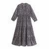 Zevity Women Vintage V Neck Lace Up Printing Casual Kimono Midi Dress Female Chic Three Quarter Sleeve Pleats Vestido DS8766