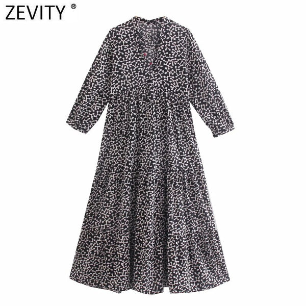 Zevity Women Vintage V Neck Lace Up Printing Casual Kimono Midi Dress Female Chic Three Quarter Sleeve Pleats Vestido DS8766