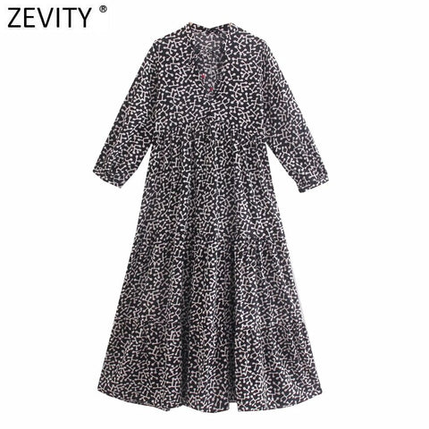 Zevity Women Vintage V Neck Lace Up Printing Casual Kimono Midi Dress Female Chic Three Quarter Sleeve Pleats Vestido DS8766