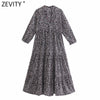 Zevity Women Vintage V Neck Lace Up Printing Casual Kimono Midi Dress Female Chic Three Quarter Sleeve Pleats Vestido DS8766