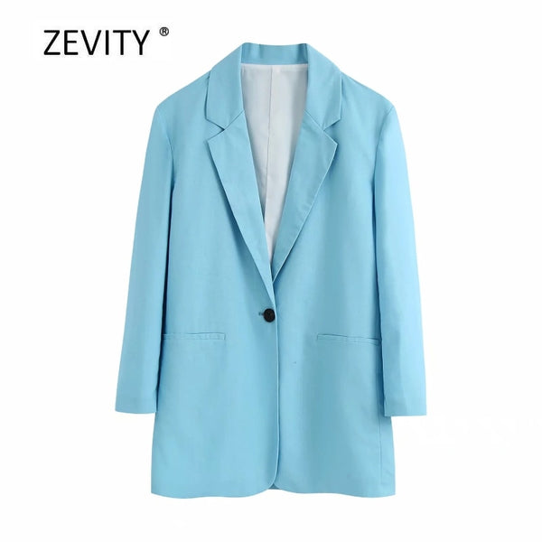 Zevity women single button sky blue blazer notched collar long sleeve office lady causal stylish outwear suit coat tops C526