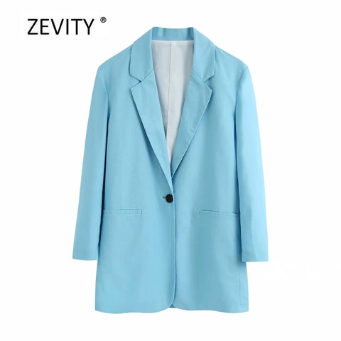 Zevity women single button sky blue blazer notched collar long sleeve office lady causal stylish outwear suit coat tops C526