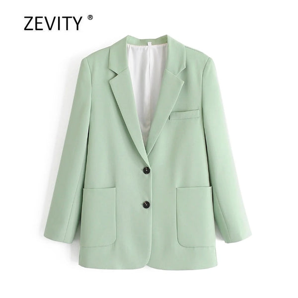 Zevity women solid color pockets patch blazer office ladies long sleeve breasted suits causal stylish outwear coat tops C513