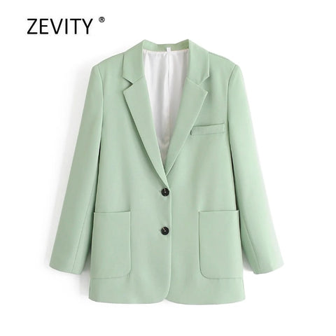 Zevity women solid color pockets patch blazer office ladies long sleeve breasted suits causal stylish outwear coat tops C513