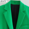 Zevity Women 2023 Pockets Design Green Fitting Blazer Coat Office Long Sleeve Casual Female Outerwear Chic Tops CT802