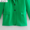 Zevity Women 2023 Pockets Design Green Fitting Blazer Coat Office Long Sleeve Casual Female Outerwear Chic Tops CT802
