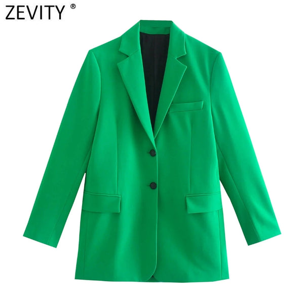 Zevity Women 2023 Pockets Design Green Fitting Blazer Coat Office Long Sleeve Casual Female Outerwear Chic Tops CT802