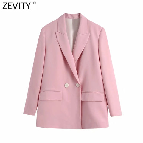 Zevity Women Elegant Double Breasted Casual Pink Blazer Coat Vintage Long Sleeve Suits Female Outerwear Chic Business Tops CT701