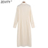 Zevity Women Elegant Hollow Out Embroidery Side Split Shirtdress Female Long Sleeve Breasted Vestidos Chic Midi Dresses DS8611