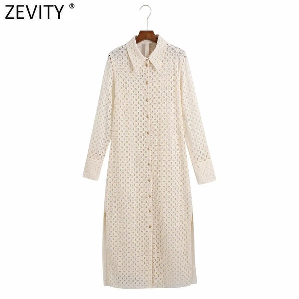 Zevity Women Elegant Hollow Out Embroidery Side Split Shirtdress Female Long Sleeve Breasted Vestidos Chic Midi Dresses DS8611