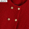 Zevity Women Elegant O Neck Double Breasted Tweed Woolen Short Blazer Coat High Street Ladies Business Outerwear Chic Tops CT777