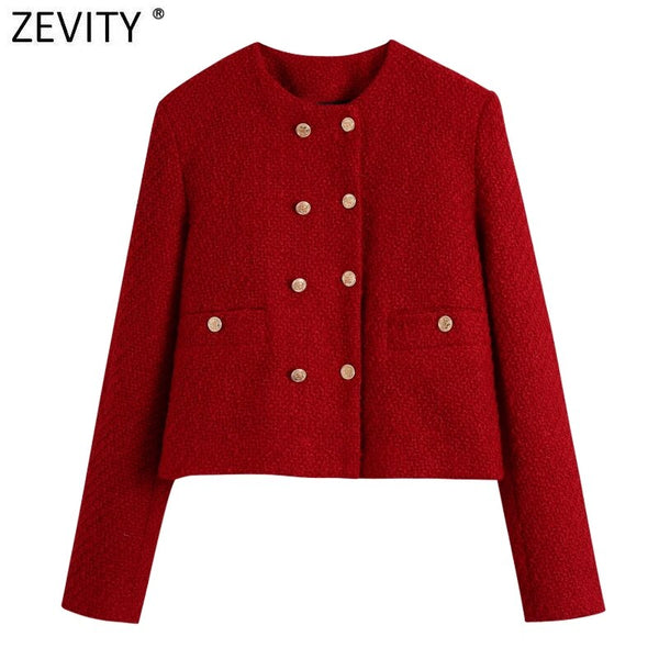 Zevity Women Elegant O Neck Double Breasted Tweed Woolen Short Blazer Coat High Street Ladies Business Outerwear Chic Tops CT777